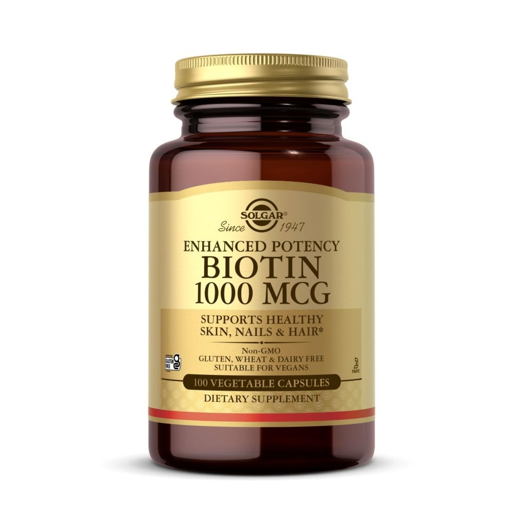 Solgar Biotin 1000 mcg - 100 zelenjavnih kapsul - podpira zdravo kožo, nohte in lase - ne-GMO, Vegan, Gluten Free, Dairy Free, Kosher - 100 Serving