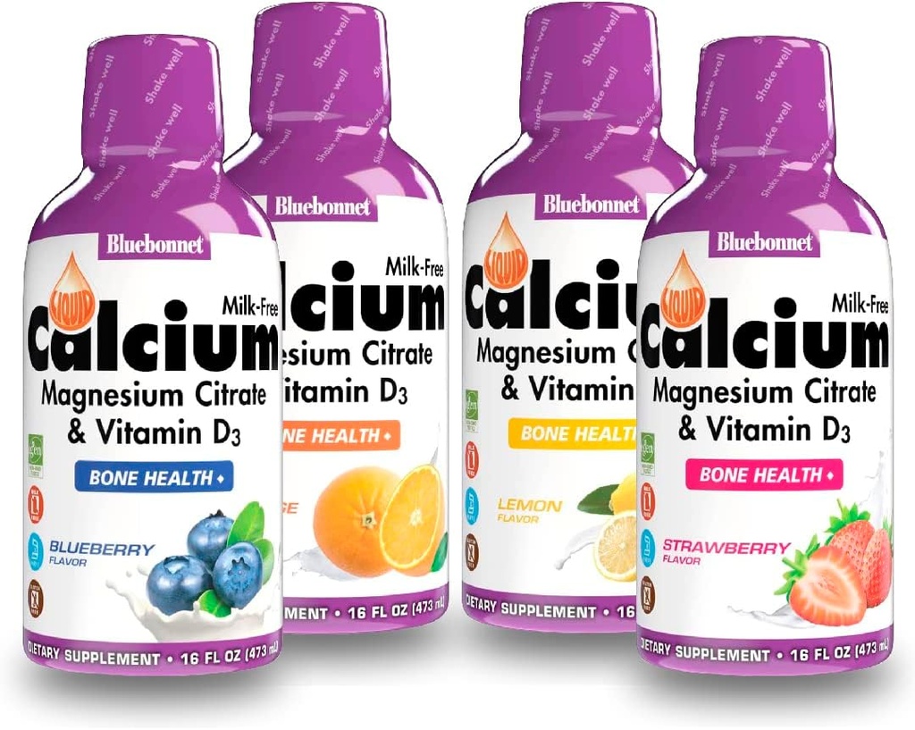 Bluebonnet Nutrition Tekoči kalcijev citrat Magnezijev citrat, Vitamin D3, Zdravje kosti - Sveženj pomaranče, borovnice, limone in jagode aroma, 4 steklenica 16 Fl Oz vsak (64 Fl Oz skupaj)