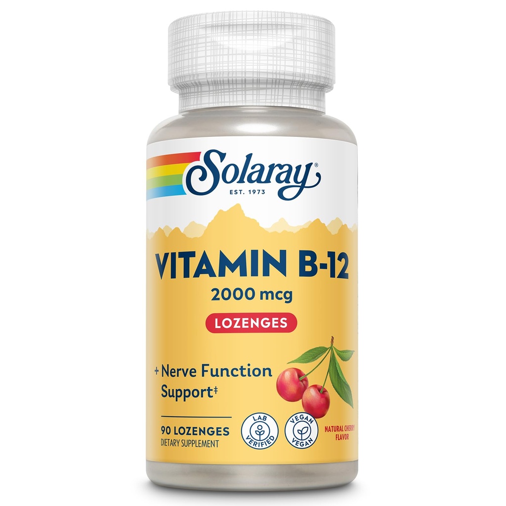 SOLARAY Vitamin B12 2000 mcg Lozenges - brez sladkorja, naravna Cherry aroma Vitamin B 12 Dodatek za živčevje funkcijo, energijo in podporo rdečih krvnih celic - laboratorij preverjen, Vegan - 90 Serving, 90