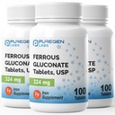 Puregen Labs Ferrous Gluconate 324 mg [High Potency] železov dodatek, Nežen na želodec 