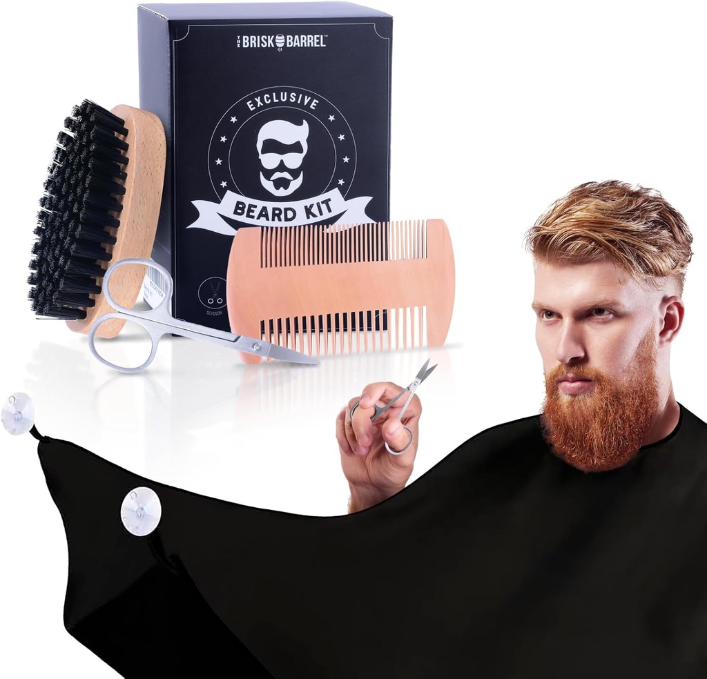 Beard Grooming Kit za moške 4 v 1. Brada Brush in Comb Set z Messy Free Bib Apron, Mustache škarje. Naravni čopič in dvojno ukrepanje Comb. Moško struženje. Darilo za moža.