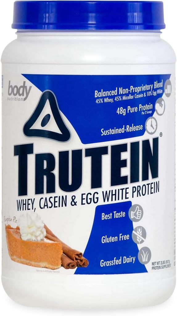 Body Nutrition Trutein Visoke beljakovine v prahu: 45% Whey, 45% Kazein, 10% Jajca bela, Gluten-free, nizko natrij, Grass Fed Whey Protein Powder, Gym Supplement & Breakfast Shake, Bučna pita, 2lb