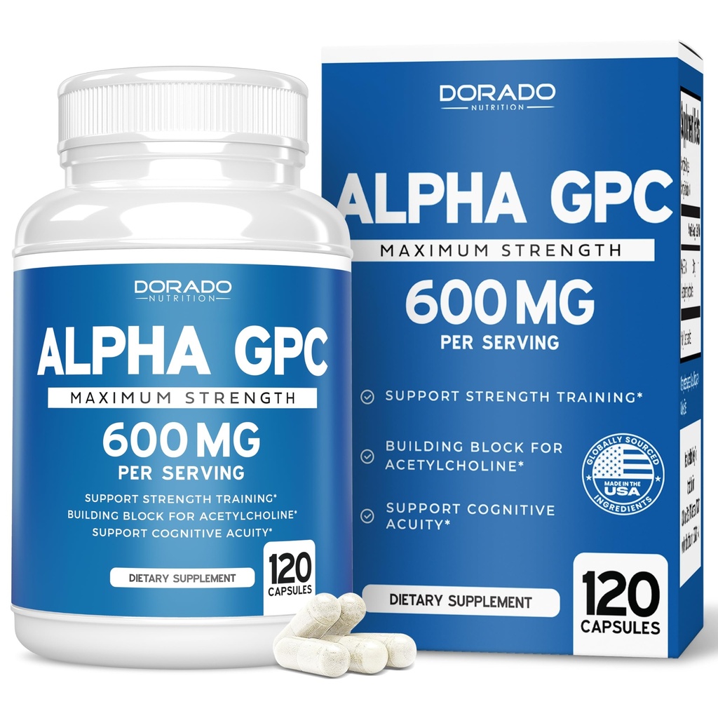 Alpha GPC Choline Kapsule - 120 Count, 600mg Servings (Brain podpora pomoč, ki podpira fokus, spomin, Motivacija, & Energy (Tretja stranka preizkušena, Vegan Safe Made v ZDA) Brain Support dodatek