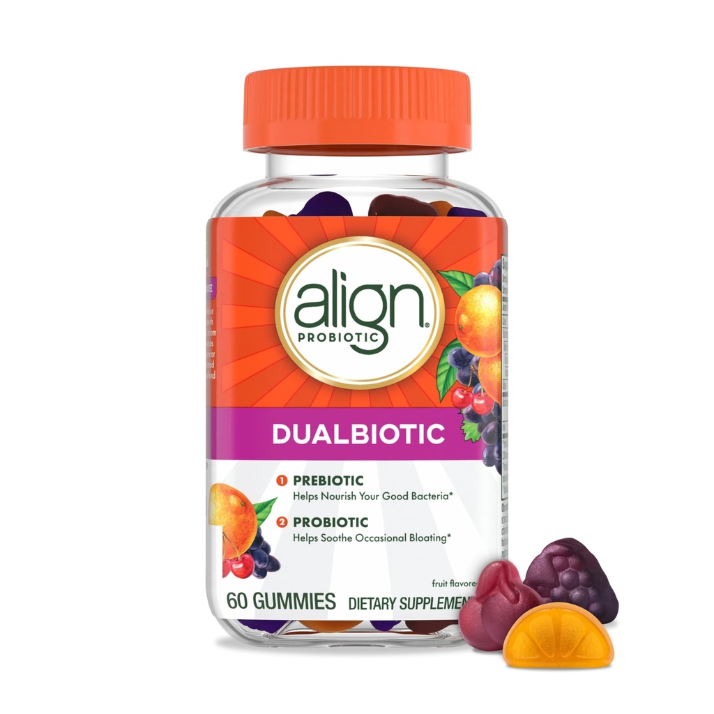Uravnavanje Dualbiotic, Prebiotiki in probiotiki za ženske in moške, Probiotiki za prebavno zdravje, Prebiotiki Pomoč Nourish Good Bakteria, Naravni sadnih arom, 60 Probiotic Gummies