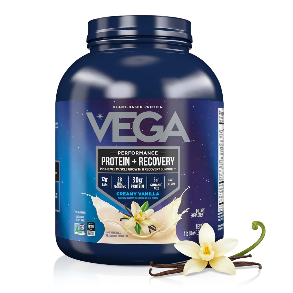 Vega Sport Vegan Protein Powder + Recovery - 30g Protein na osnovi rastlin na serviranje, Vanilla, 45 Serving, 5g BCAA, Probiotics, NSF Certified, For Shakes & Smoothies, 4,1lbs (Packaging May Vary)