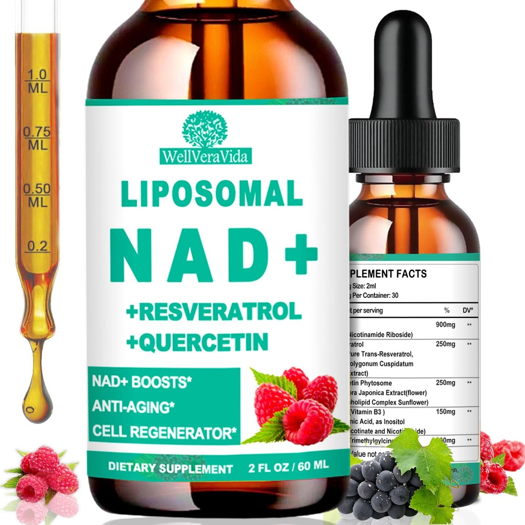 NAD dopolnila za ženske in moške, Liposomski NAD Nikotinamid Riboside Resveratrol 900mg, TMG, Quercetin, Vitamin B3, Organski tekoči NAD Resveratrol Dodatek za dolgoživost, Energija, Proti staranju, Fokus