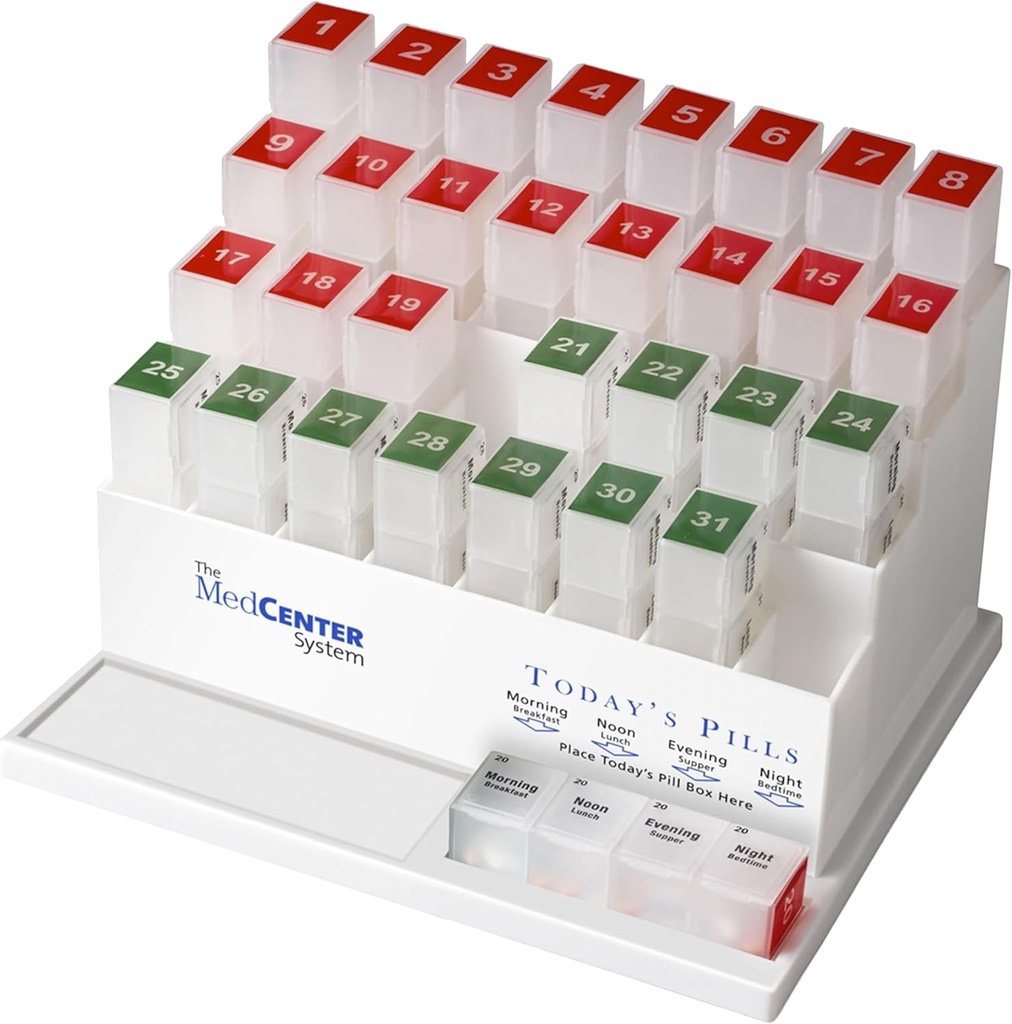 Medcenter Mesečne tablete Box Organizator, 4 krat na dan, velike 31 Dnevne tablete Primeri z oddelki za vitamine, Dodatki, Zdravila, 31 dan tablete Organizator