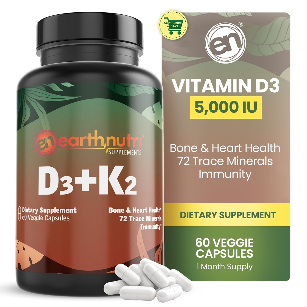 EarthNutri Vitamin D3 K2 Dodatek 5000 i.e. – Vključuje K2 iz MENA Q7, D3 iz Vitashine, Kalcij iz Aquamina & 72 Trace Minerals – za imuno, zdravje kosti in srca – Non-GMO – 60 Veg kapsule