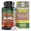 EarthNutri Vitamin D3 K2 Dodatek 5000 i.e. – Vključuje K2 iz MENA Q7, D3 iz Vitashine, Kalcij iz Aquamina & 72 Trace Minerals – za imuno, zdravje kosti in srca – Non-GMO – 60 Veg kapsule