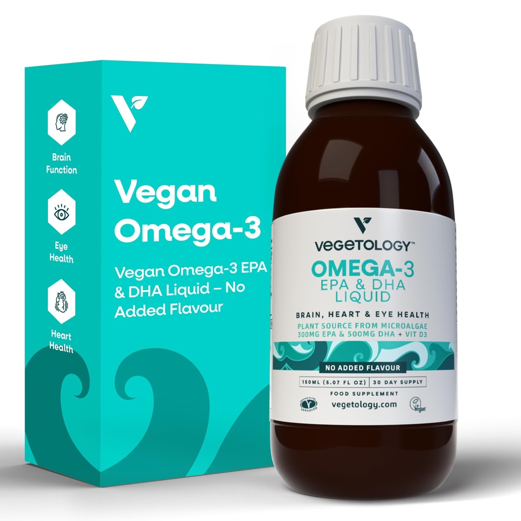 Vegan Omega 3 Liquid, iz Microalgee, 800mg EPA DHA, z vitaminom D3, Podpira zdravje srca, možganov in oči, Natural Fish Oil Alternative, UK Made, Nearomatizirana