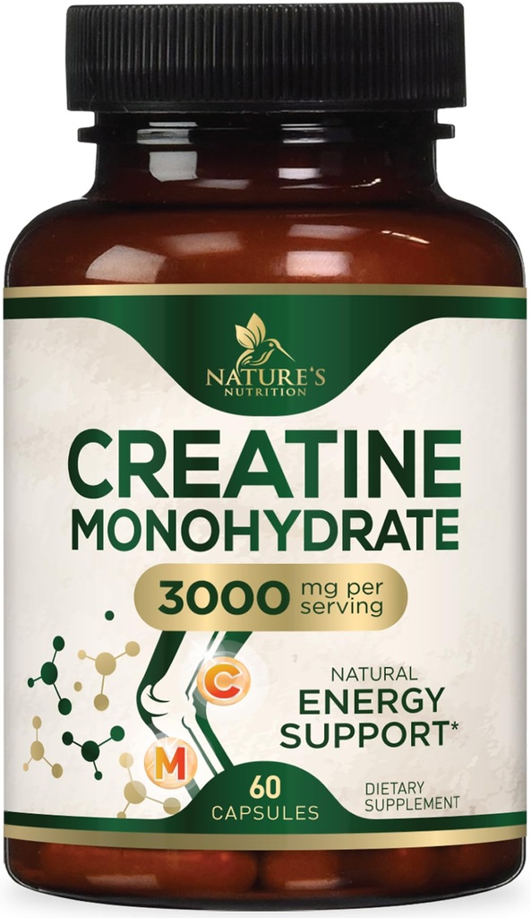 Kreatin Monohidrat Kapsule 3000mg – najboljši mikroniziran kreatin v prahu – podpira nagubane mišice, moč, energijo, & vzdržljivost - dodatek narave, ne-GMO, Gluten brezplačno za ženske in moške - 60 kapsul