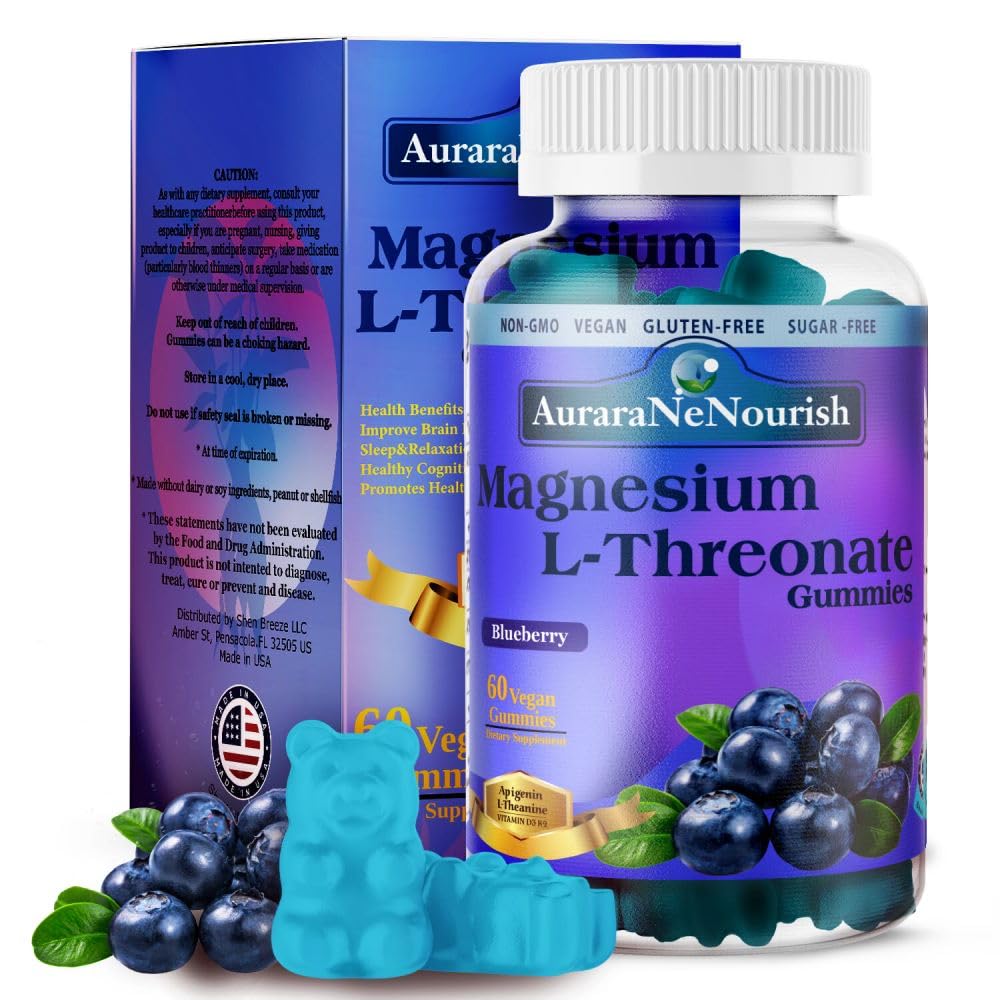 Magnezijev L-treonat Gumies w. Apigenin L-teanin, Napredno 11-v-1 Magnezijev dodatki w. Vitamin D3 K2 B6 za spanje kognitivne možgane & sprostitev, visoka absorpcija Magnezijev Gumiji za odrasle & otroke