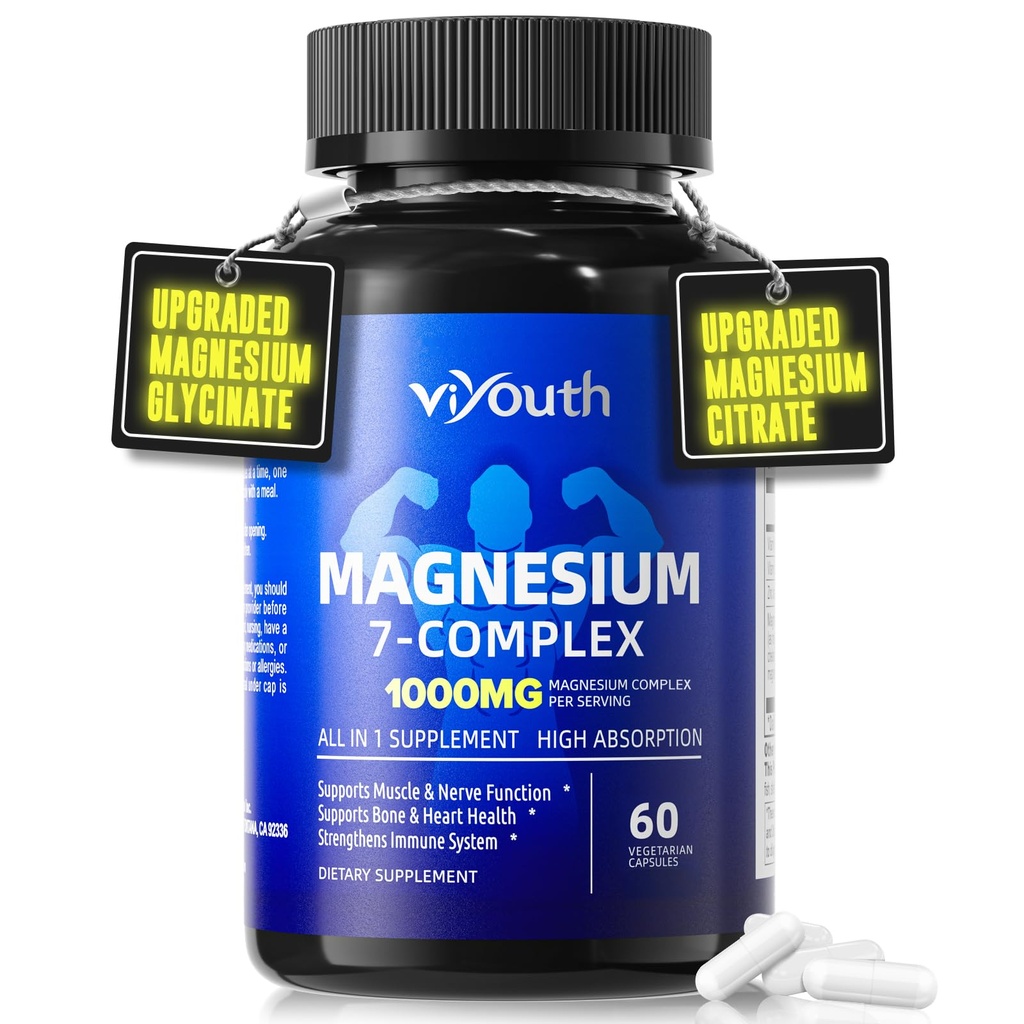 Magnezij 7 Complex dodatek Napredno z Glycinate Citrate Malate Chelate Taurate Orotat Aspartat, Kapsule z cinkom, Vitamin D3 & B6 za spanje, mišice Relief, 60 kapsul