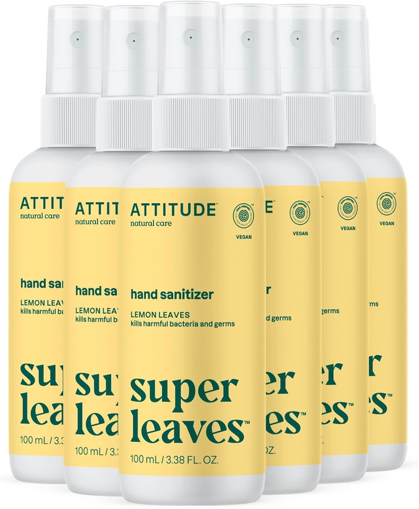 ATTITUDE pršilo za roke za odrasle in otroke, EWG preverjeno, ubije bakteria in Germs, Vegan, Lemon Leaves, 3,38 Fl Oz (Spray steklenica) (Pack z 6)