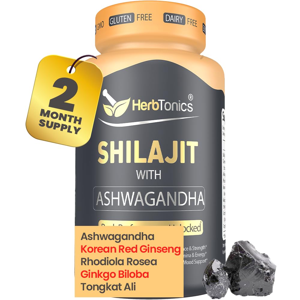 Herbtonics Shilajit za moške in ženske z Ashwagandha, korejski rdeči ginseng, Rhodiola Rosea, Ginkgo Biloba, Tongkat Ali 
