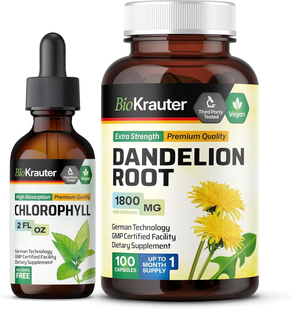 BIO KRAUTER Klorofil Tinktura 2 Fl. Oz. & Dandelion 100 kapsul