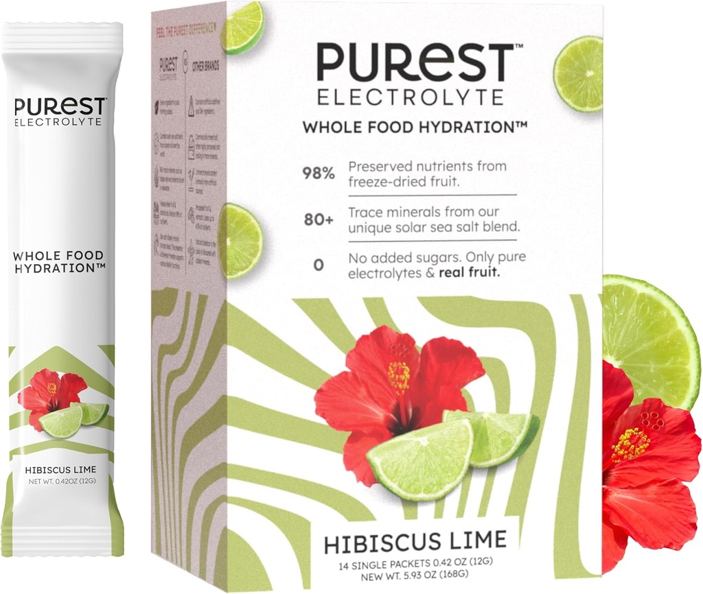 Know Brainer Purest Electrolyte Hibiscus Limete Powder Packets – Hidracija celotne hrane - Organski zamrznjeni sadeži in solarne morske soli za končno elektrolitsko ravnovesje
