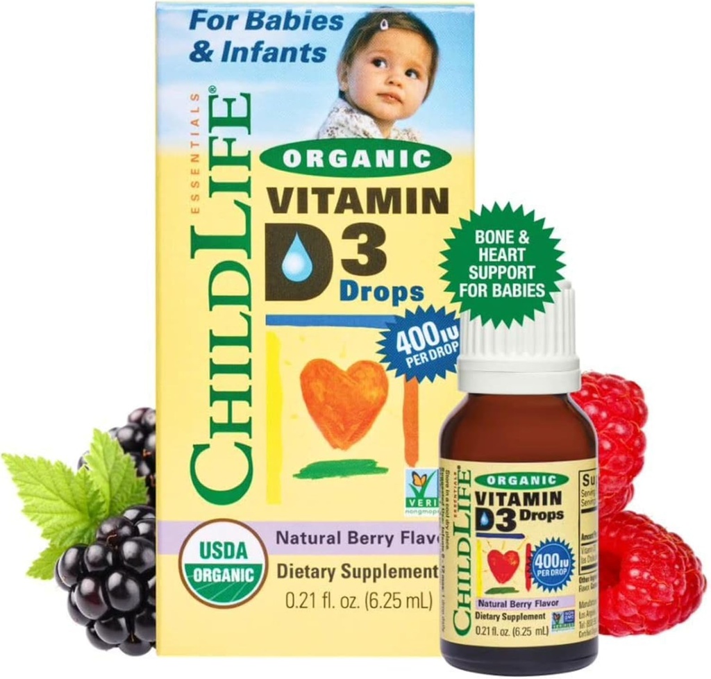 CHILDLIFE ESSENTIALS Organski vitamin D3 Kapljice - Vitamin D Kapljice za dojenčke in dojenčke, 400 i.e. na kapljico, vse naravno, USDA organska, ne-GMO, Košir, Gluten-free - naravna jagodna aroma, 0.21 Fl Oz