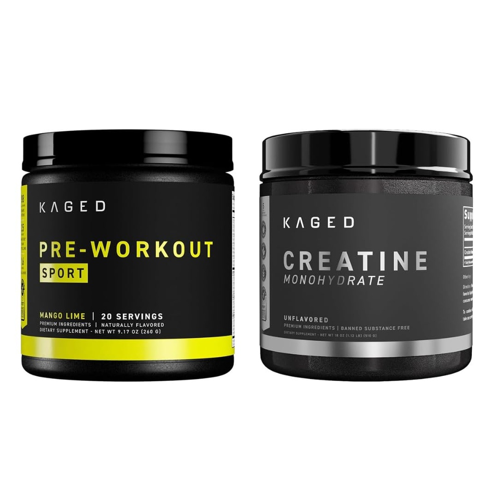 Kaged Pre Sport Pre Workout Powder Mango Lime Kreatin Monohidrat Mikroniziran Powder paket, Energija & Muscle Recovery Dopolnilni paket, 20 Serving Predworkout + 100 Serving Kreatin