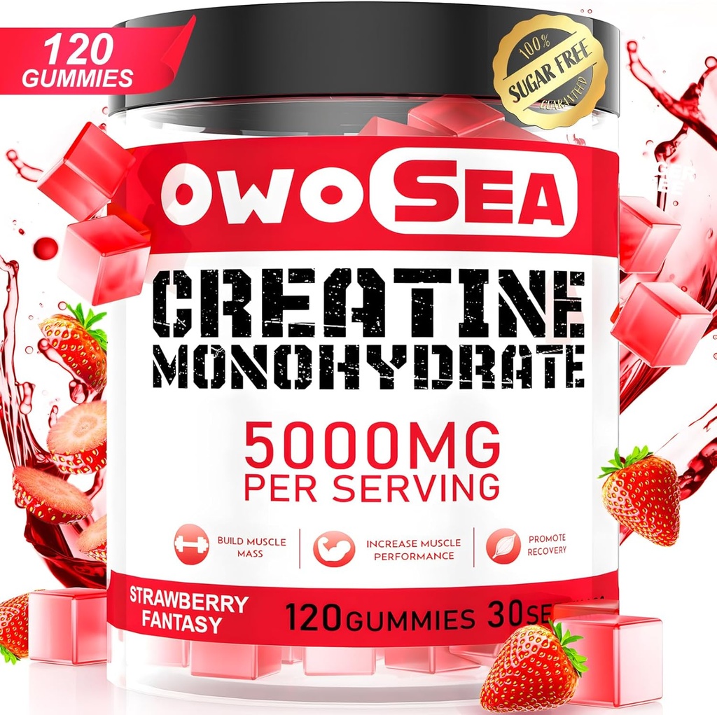 Kreatin monohidrat Gumiji za moške in ženske 5000mg Kreatin monohidrat na Serviranje za podporo mišic energije Boost 120 Štetje žvečljivi 5g Kreatin dodatek sladkor brez Vegana (1 Pack, Jagoda)