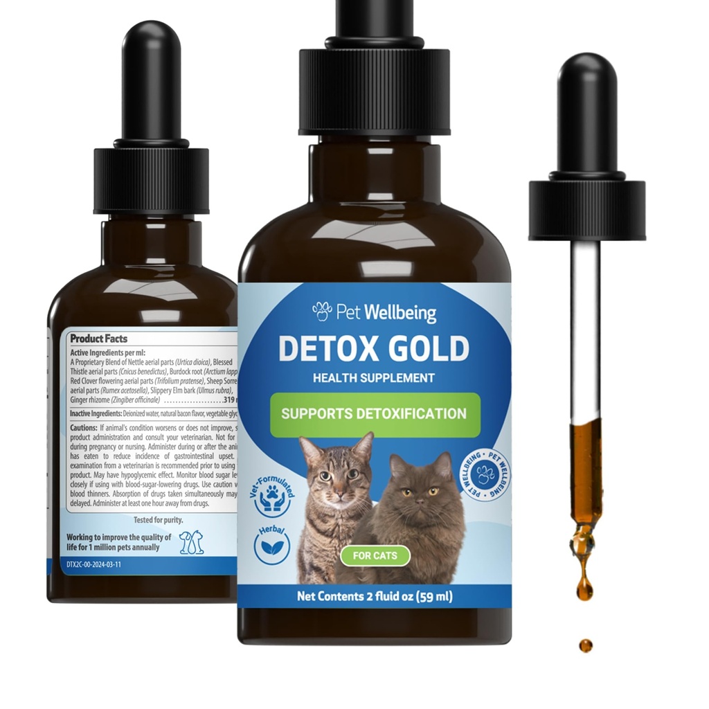 Dobro počutje hišnih ljubljenčkov Detox Gold za mačke - nežna detoksifikacija in podpora za izločanje, nega imunskega sistema, kopriva, blaženi osat, korenina burdok - veterinarsko formaliziran zeliščni dodatek 2 oz (59 ml)