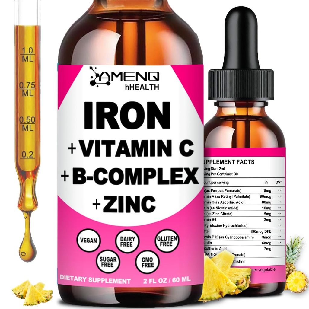 Železo dopolnilo za ženske moške in otroke, železov vitamin C, A, B-kompleks, Veganske železove kapljice Visoka moč Tekoči vitamin & železove dodatke za anemijo, rdeče krvne celice, energijo, krvni graditelj, nežen