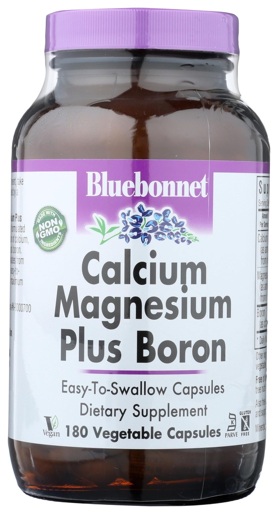 BlueBonnet Calcium Magnezij Plus Boron Vegetarijanske kapsule, zunaj bele, 180 Štetje