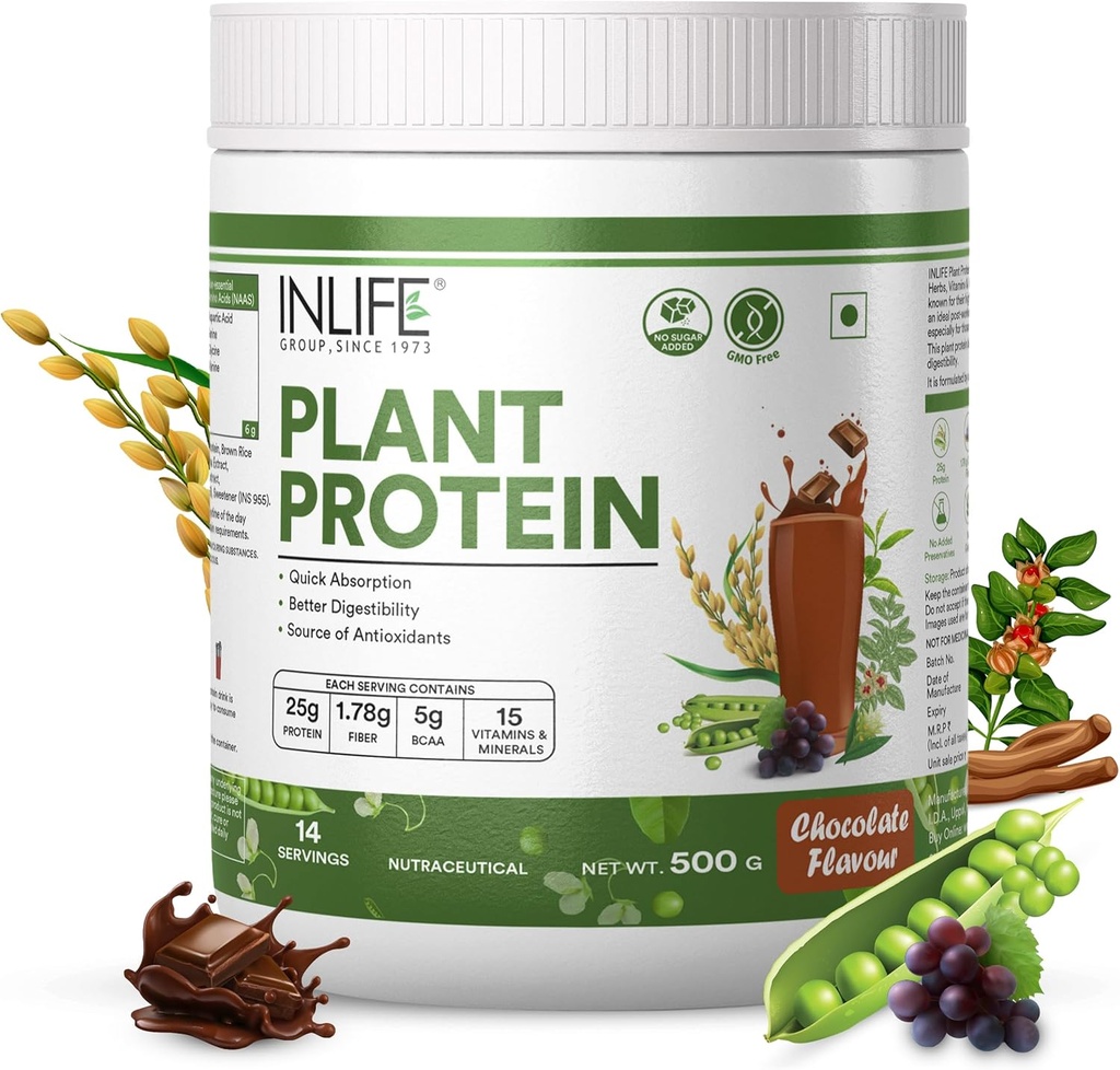 INLIFE Plant Protein Powder - Pea, Quinoa & Brown Rice - 25g Protein - Ashwagandha, izvleček zelenega čaja in grozdnega semena - dodatek (500 g, čokolada)