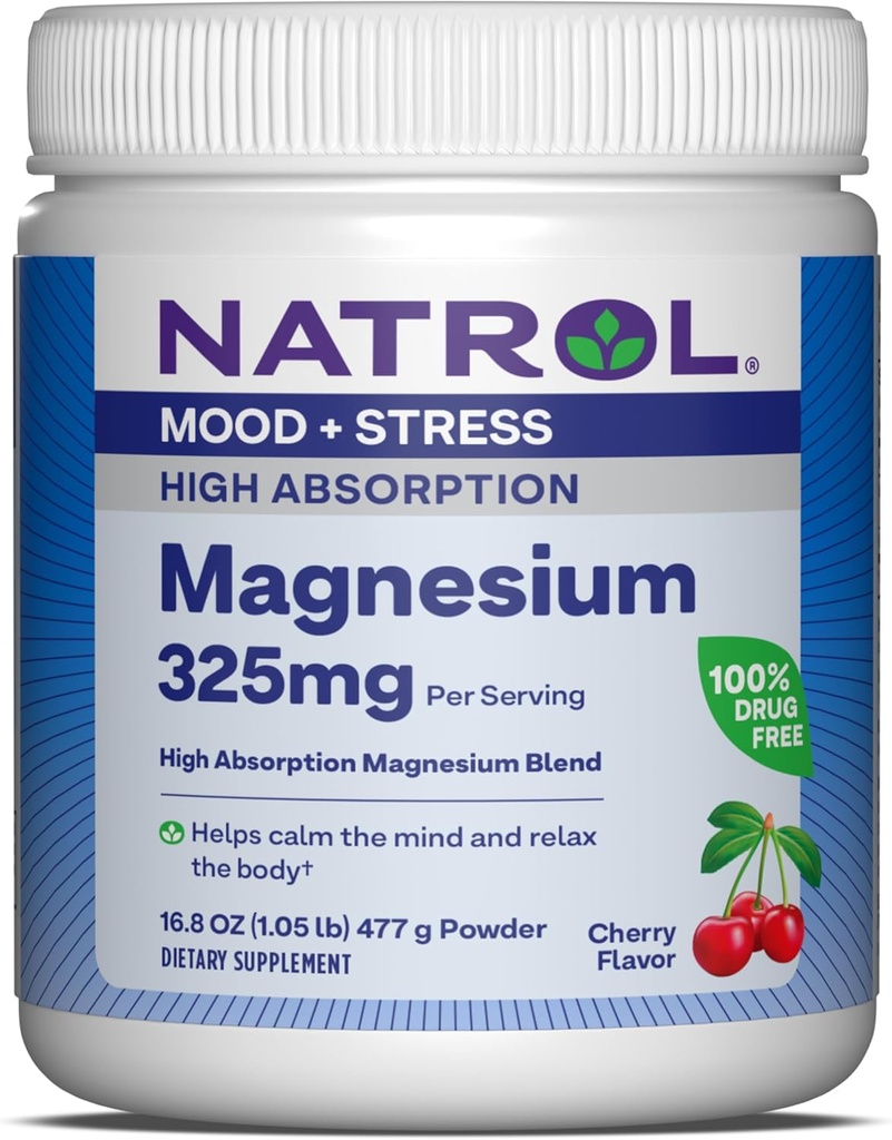 Natrol Magnezij 325 mg, visoka absorpcija Magnezijev Glicinat in karbonatna mešanica, da bi pomagali umiriti um in sprostitev telo, 16,8 OZ češnjevo-slaven prašek, Do 90 dni dobave