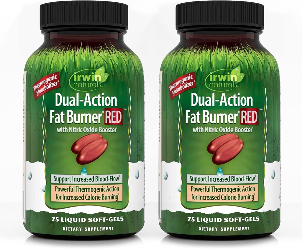 Irwin Naturals Dvoaction Fat Burner RED - 75 Tekoči mehki geli, paket 2 - Močni termogenski z dušikovim oksidnim ojačevalnikom - 50 skupno serviranje