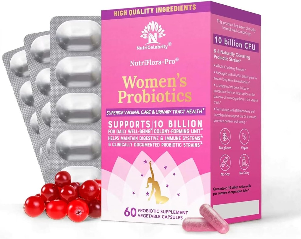 Nutrielebrity NutriFlora-Probiotiki za ženske - podpora vaginalno, zdravje sečil, imunski sistem Prebavni sistem Podpora, Cranberry Pills dodatek, 10 milijard CFU 6 sevi (30 kap) - 2 paket