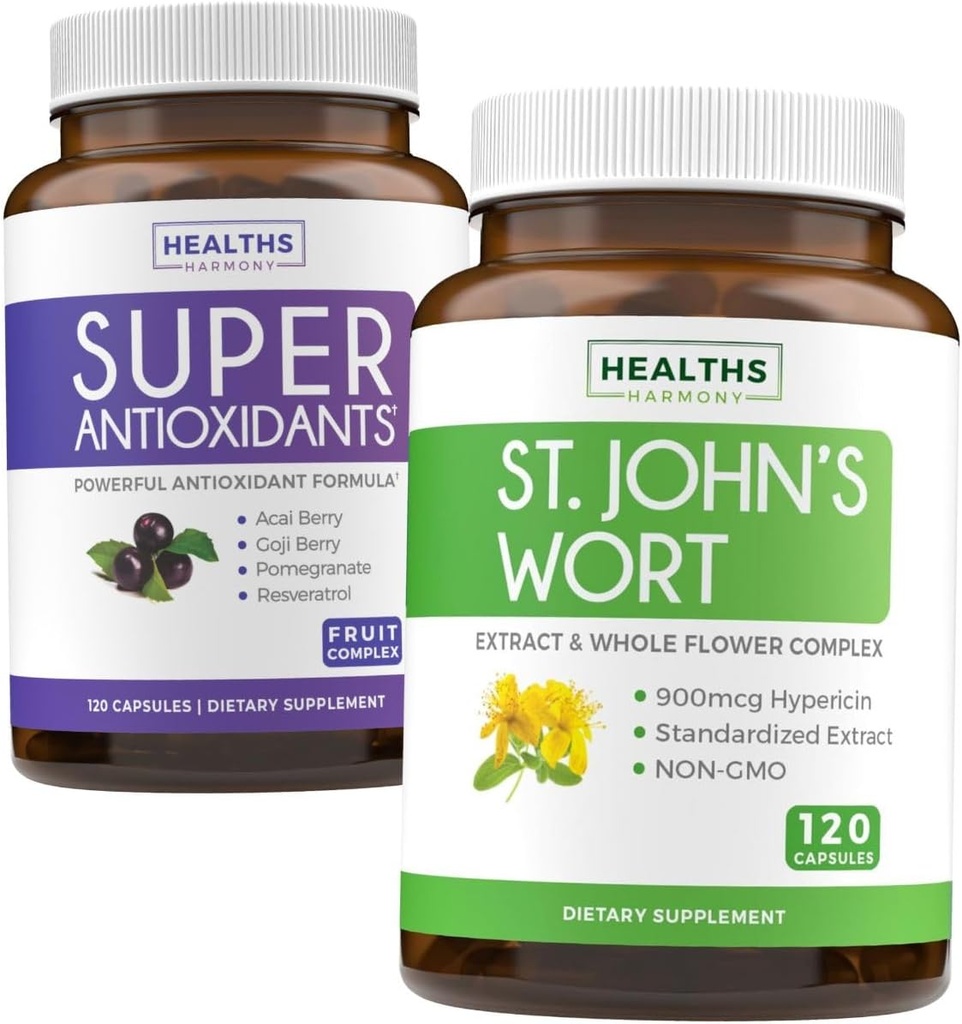 Antioksidanti & šentjanževka (2-mesečna zaloga) Serenost Antioksidant Mešanica - Super antioksidanti - Močna super hrana Dnevna mešanica (120 Caps) & St John's Wort - Močni 9000mcg ekstrakt (120 Caps)