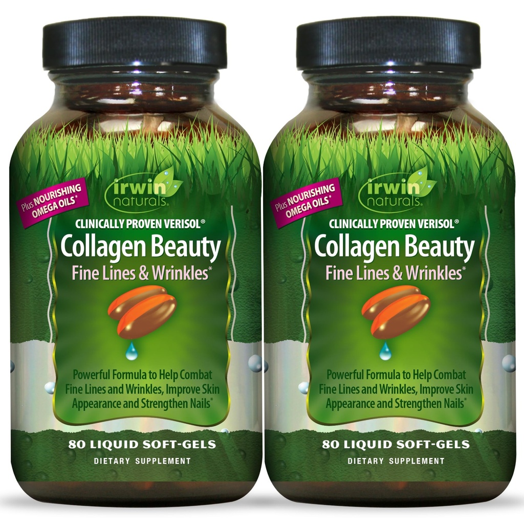 Irwin Naturals Collagen Lepota – 80 Liquid Soft-Gels – Napredna koža, Lasje in nohti Hraniti - 2 Pack