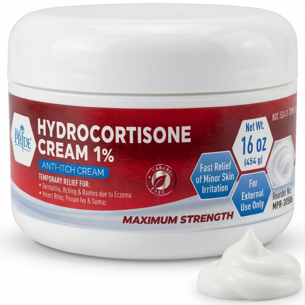 MED Pride 1% Hydrocortison Cream Bulk 16 Oz Največja moč srbečica Relief za ekcem, dermatitis, izpuščaji, Komarji