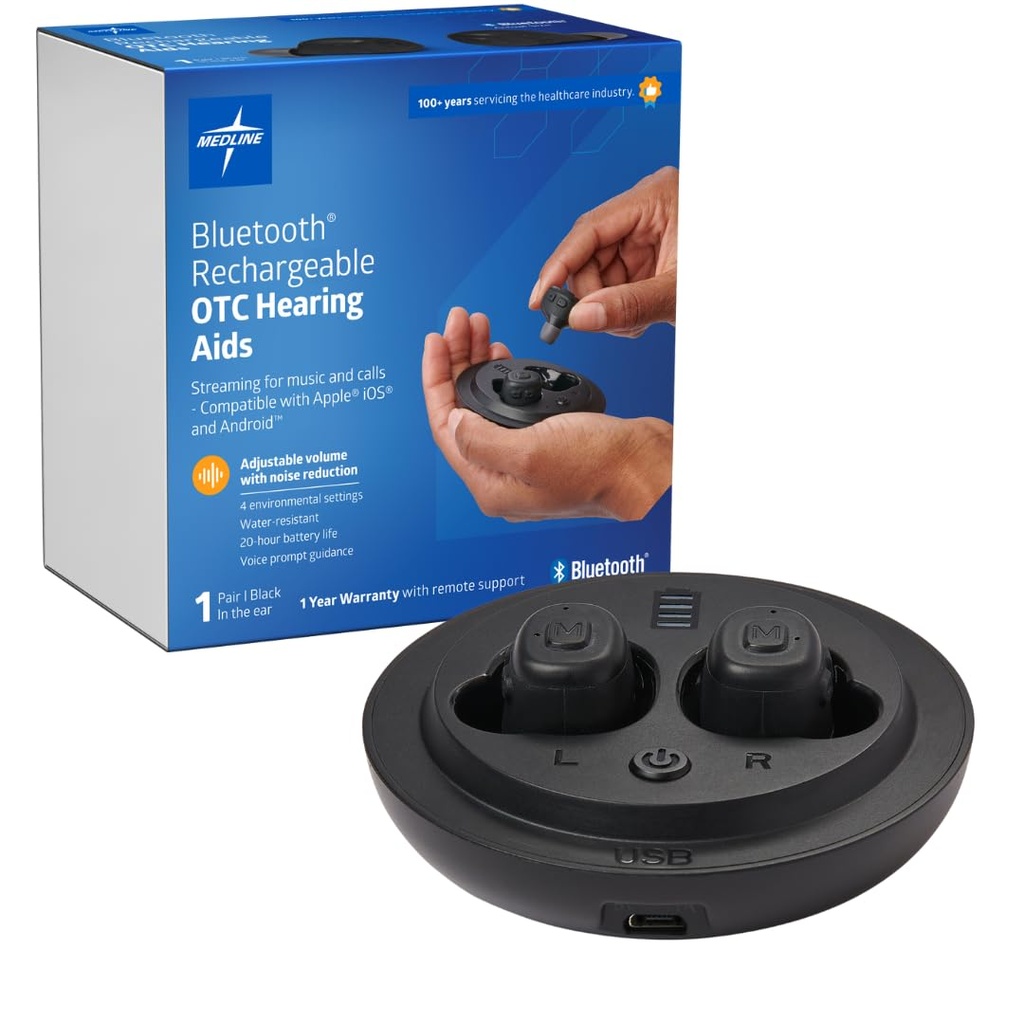 Medline Bluetooth polnilni slušni pripomočki OTC, in-The-Ear, 4 okoljske nastavitve, vodoodporna, prilagodljiva glasnost, blago do zmerno izgubo sluha, zmanjšanje hrupa, ušesni slušni pripomočki