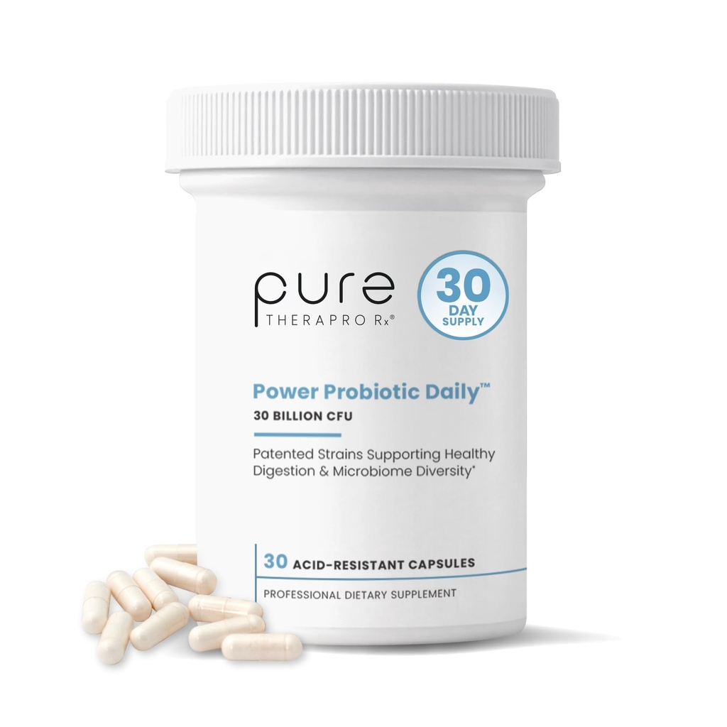 Pure Therapro Rx Power Probiotic Daily - 30 Acid-Resistant Capsules | 4 Proven Strains - 30 Billion CFU/Capsule | Patented Activ-Vial Desiccant Bottle to Ensure Freshness | NO Refrigeration Required