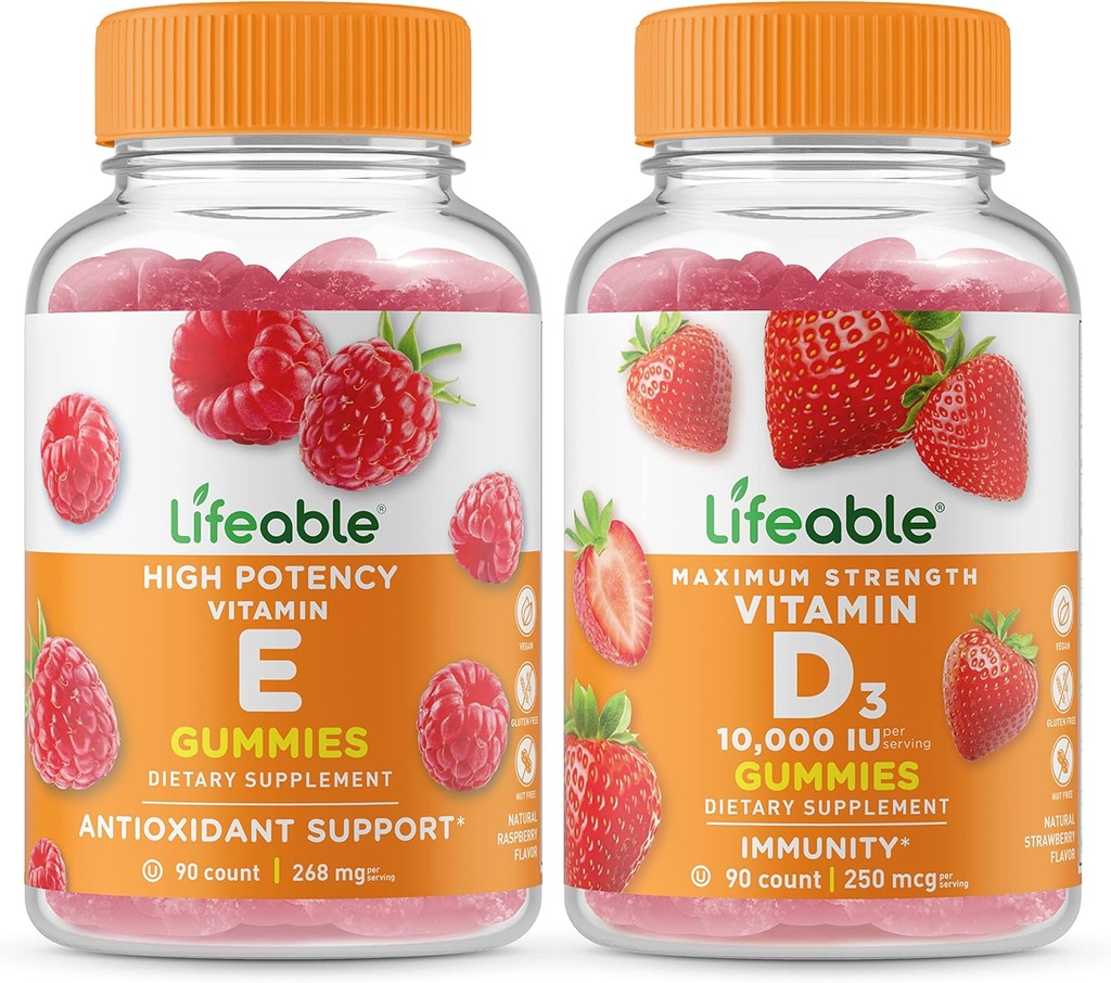 Življenjski vitamin E + vitamin D 10000 IU, Gummies Bundle - odličen okus, Vitamin dodatek, Gluten brezplačno, GSO brezplačno, Žvečljivi gumi