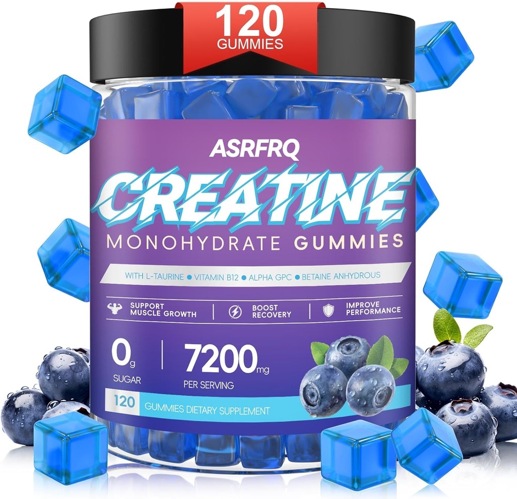 Kreatin monohidrat Gumiji za moške in ženske 120 CT - 7200 mg kreatin monohidrata na serviranje, žvečljivi kreatin monohidrat za podporo mišic in energijo, brez sladkorja, vegan (BlueberryFlavor)