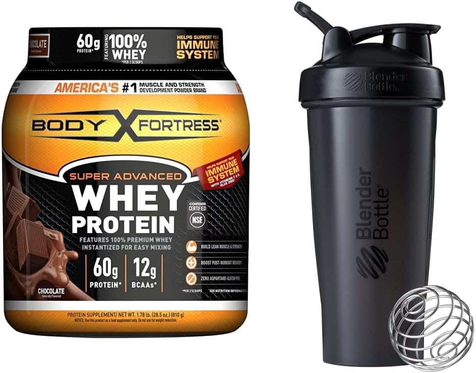 Trdnjava za telo Super Advanced Whey Protein Powder, čokolada (1,78 lbs) in BlenderBottle Classic Shaker steklenica (28 oz), črna