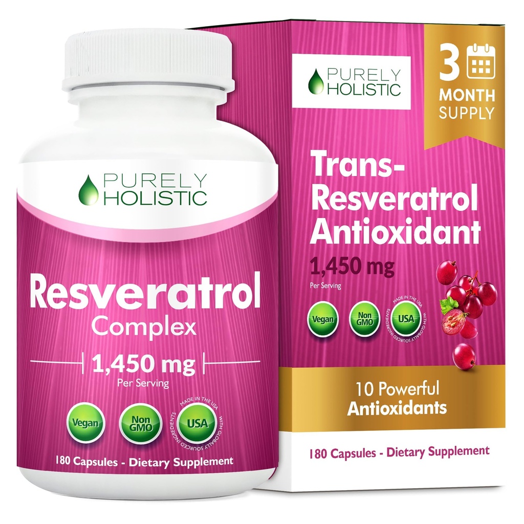 Čisto holistični Resveratrol 1450mg, 90 Serving, Trans-resveratrol Antioksidant dodatek z vitaminom C in polifenol kompleks, 180 Veganske kapsule