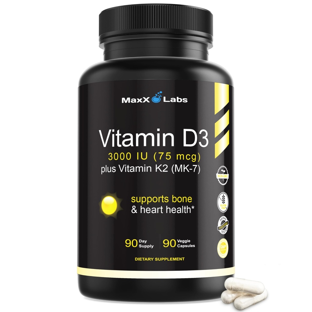 Vitamin D3 K2 3000 i.e. - z vitaminom K kot MK-7 iz Natto - Visoka jakost Vitamin D Dodatna podpora Zdrave kosti, zobje, srce in imunske funkcije, Gluten-free - 90 kapsul