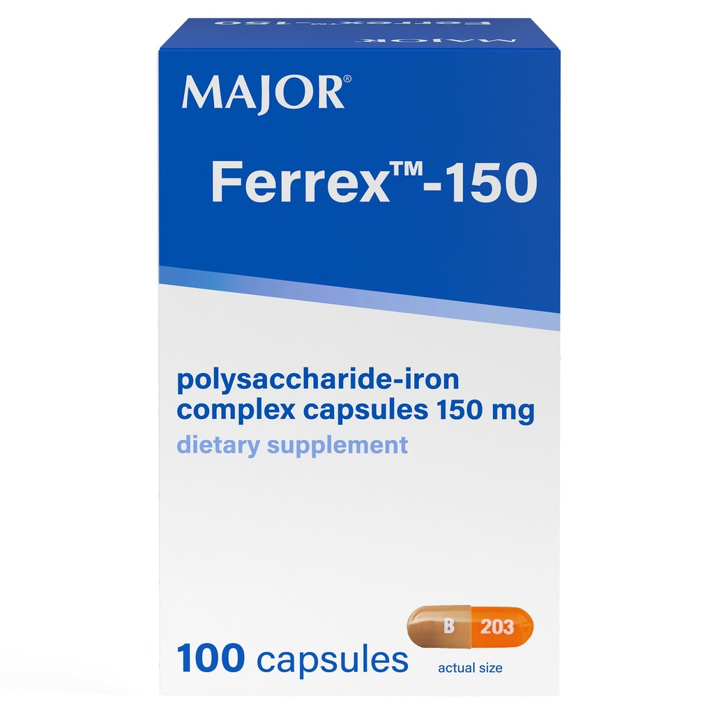 MAJOR Ferrex-150 Polisaharidno-Železno kompleksne kapsule 150 mg železno dopolnilo za ženske in moške – Nežno na želodcu – 100 kapsul