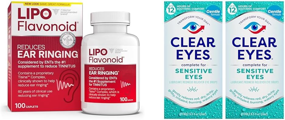 Lipo-flavonoid Tinitus Relief uho zdravje Vitamini 100 Kapleti in jasno oči občutljive kapljice 0,5 Oz 2 paket