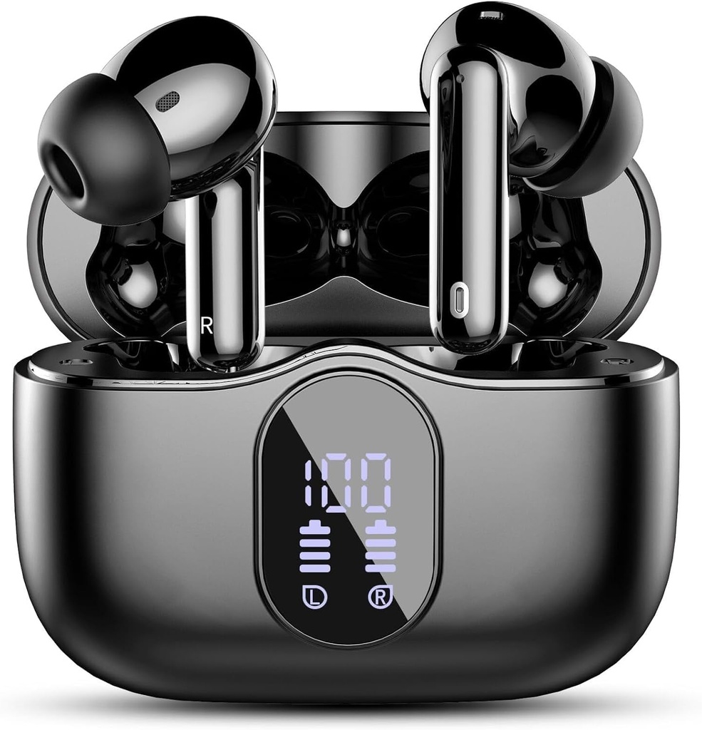 Brezžične slušalke, Bluetooth 5.4 Slušalke Bass Stereo, ušesni Budi s hrupom Prekliči Mic LED zaslon, IP7 Vodoodporni v ušesnih slušalkah, 36H Čas igranja za prenosne slušalke Športni servis, Črna