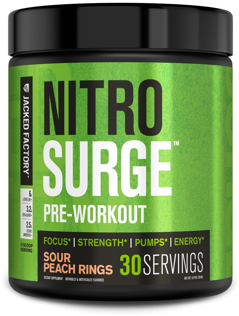 Jacked Factory NITROSURGE Pre Workout dodatek - Neskončna energija, Instant moč pridobi, Jasno Fokus, Intenzivno črpalke - NI Booster & Močni Preworkout Energy Powder - 30 Servings, Sour Breach obroči