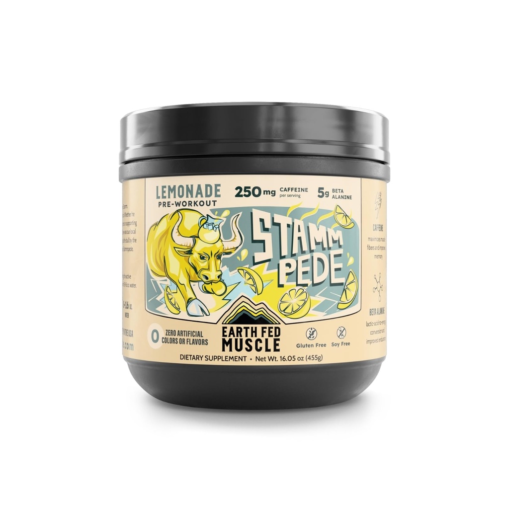 Earth Fed Muscle Stammpede Pred vadbo Prašek, Limonada Flavor, 250mg Kofein Prašek, 5g Beta Alanin, Citrulin, Taurin & Tirozin, Gluten & Sugar Pred vadbo, Keto Friendly, 26 Serving