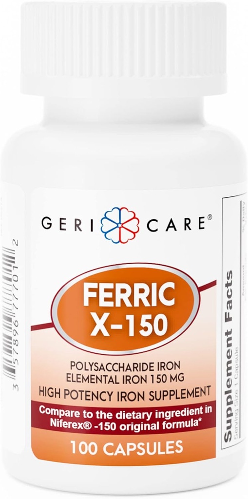 GeriCare Ferric X-150 High Potency Polisaharid železova dopolnila, osnovne železne kapsule, 100 število (paket po 1)