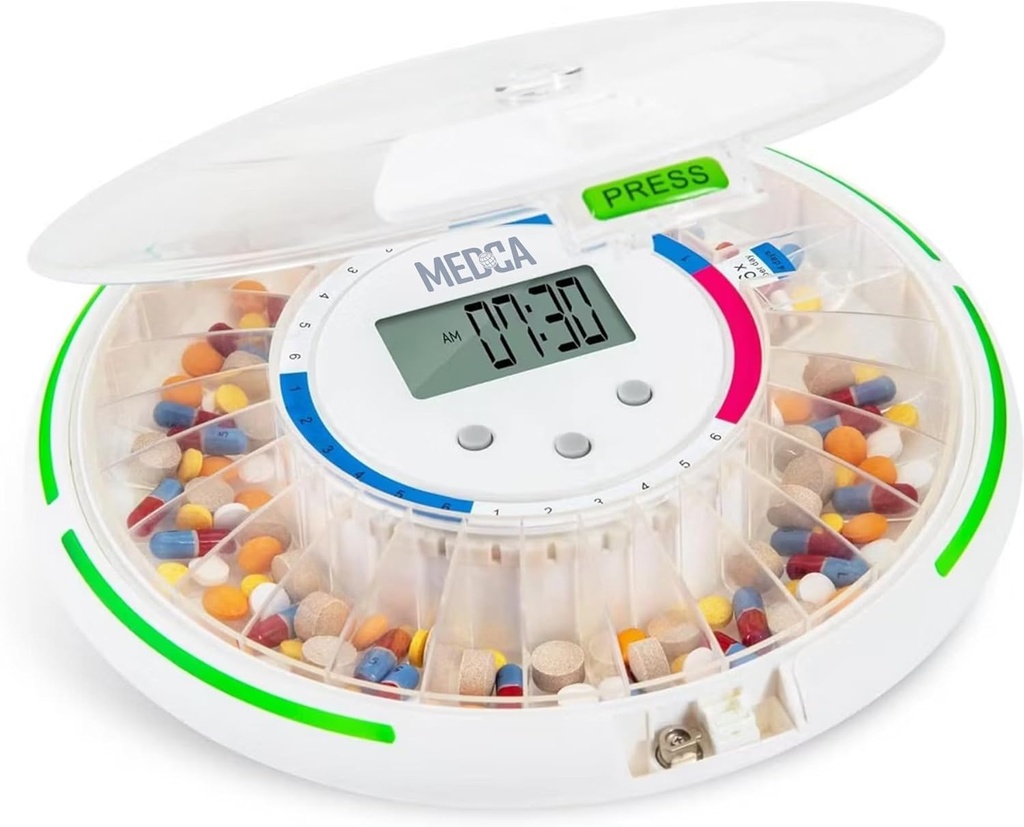 Avtomatski Dispenzer tablet z 28-dnevnim elektronskim zdravilom Organizator - Ključne tablete Zabojnik z LCD zaslonom, Alarm svetlobe in zvoka za načrtovano zdravilo za starejše in starejše