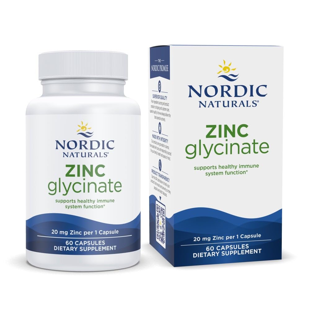 Nordic Naturals Cinkov glicinat - 60 kapsul - 20 mg Zelo absorbtivni cinkov glicinat - Optimalna Wellness - ne-GMO, Gluten Free, Vegan - 60 strežnic