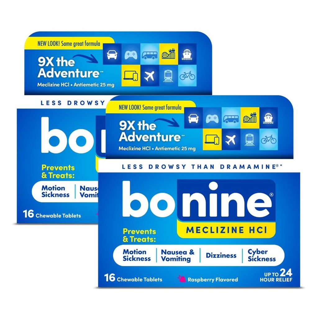 Bonine Ne-Drowsy Motion Bolezen Relief - 32 Žvečljive tablete z Meclizine HCL 25mg - Non Drowsy Medicine za slabost ali gibanje Bolezen - Križarjenje bistvenega pomena - Raspberry Flavor